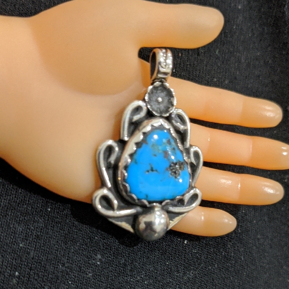 Sterling Silver S925 Blue Turquoise with Ornate Design